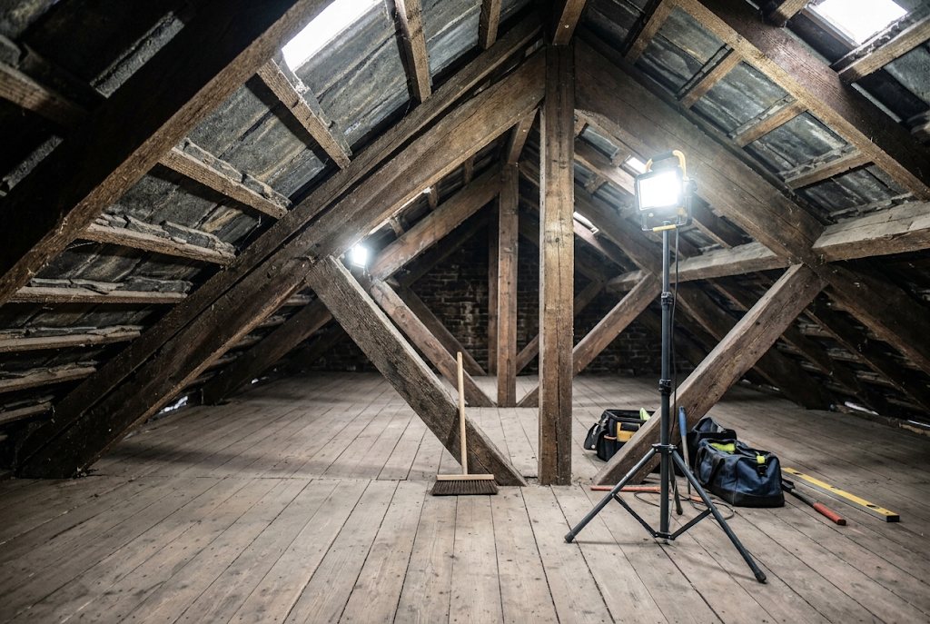A cleared roof space with bare timbers ready for inspection.